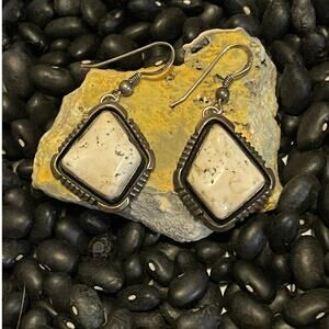 Native American White Buffalo Sterling Silver Concho Drop Dangle Earrings 925